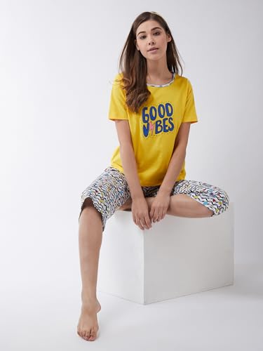 Image of Miss Chase Women's Yellow Round Neck Short Sleeves Printed Regular Length T-Shirt