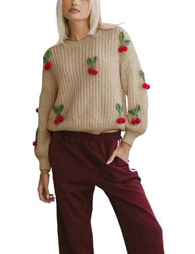 SCUSTY Women's Chunky Knit Sweater with 3D Cherry Embroidery Fall Winter Warm Outfits Crewneck Knit Trendy Pullover Tops