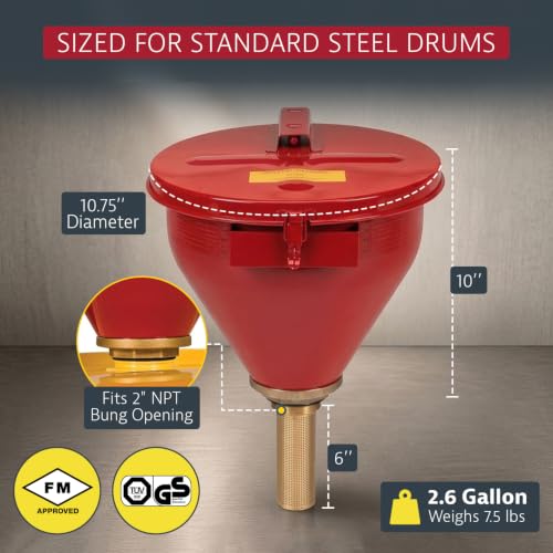 Image of Justrite Drum Funnel for Flammables, Self-Closing Cover, Red, Made in USA