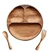TAMUME Piatto in Legno con 3 Scomparti per Bambini - Vassoio per Alimenti, Set Cucchiaio e Forchetta in Legno, Marrone Scuro Piatti da Portata, Rotondo