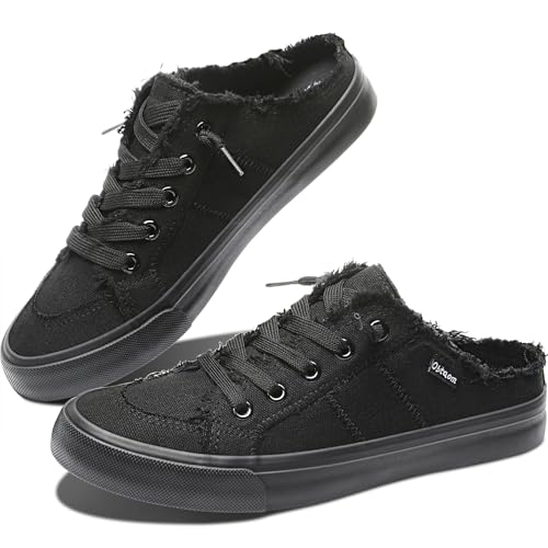 btaom Women Canvas Mules Memory Foam Clipper Fashion Sneakers Comfortable Slip-On Mule Backless Holiday Shoes（Black/Black，US10）