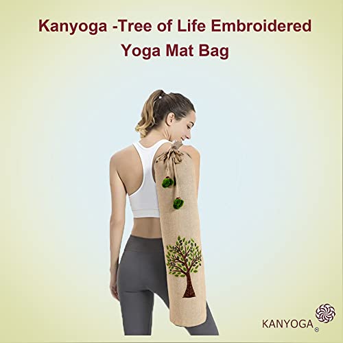 Image of Tree Of Life Cotton Embroided Yoga Mat Bags with Strong Shoulder Straps (Beige & Dark Green, L 74 x W 25 cm)