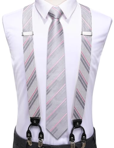 Image of Hi-Tie Men's Suspenders and Tie Set Silk Adjustable Elastic Y Braces with Strong 6 Clips Pocket Square Set