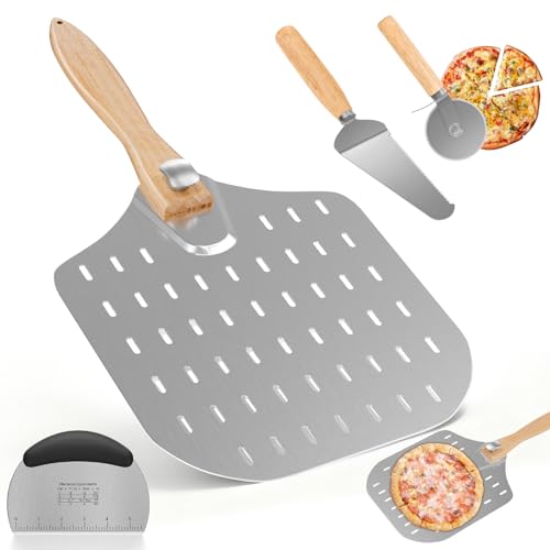 Perforated Pizza Peel 12 Inch 4PCS Pizza Paddle Set Oven Accessories Foldable Wooden Handle Pizza Peel Set with Small Spatula & Turner Rocker Cutter Dough Scraper for Making Homemade Pizza Bread