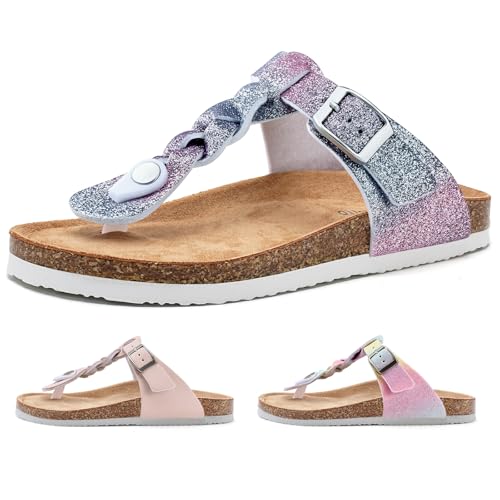 Torotto Flip Flops Kinder Zehentrenner Mit Kork Pantoletten Mädchen Hausschuhe Riemen Verstellbare Schnalle Rutschfeste Schlappen für Drinnen und Draußen (Glitzerverlauf 33EU)