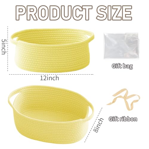 Image of JMvicyroam Small Woven Basket, Empty Gift Basket, Yellow /1 Pack | Small Gift Basket, Cotton Rope, 12 x 8 x 39 in, Handles, Includes Ribbon and Bag, Birthday Gift Basket