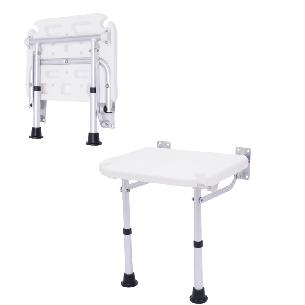 Sgabello da doccia, pieghevole, con piedini di supporto, montaggio a parete, regolabile in altezza, dimensioni della seduta 40 × 32 cm, portata massima 100 kg, per anziani bambini, bianco