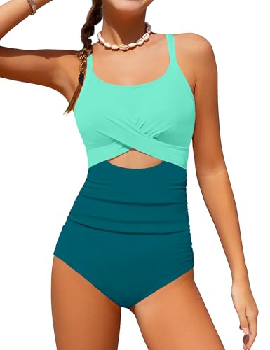 Image of Girl Swimsuit One Piece Cutout Ruched Bathing Suit for Girls Color Block Adjustable Straps Pad Swimwear 9-18y