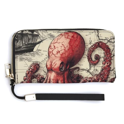 Octopus on Vintage Nautical Maps PU Leather Clutch Long Bifold Wallet, Coin Purse Credit Pass Case, Durable Card-Holder Money Storage for Women Men