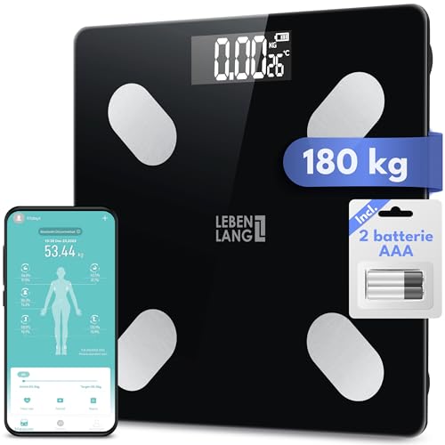 LEBENLANG Bilancia pesapersone digitale impedenziometrica - Fino a 180 kg Misurazione precisa con App Connect I 4 elettrodi bioimpedenziometro massa magra e grassa Smart scale bia & bmi professionale