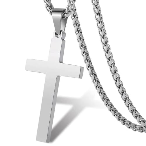 strrng Cross Necklace Men, Stainless Steel Silver Cross Necklaces, Crucifix Necklace for Men, Mens Crucifix Necklaces, Christian Confirmation Baptism Jewelry Gifts for Boys Mens(50-60cm)