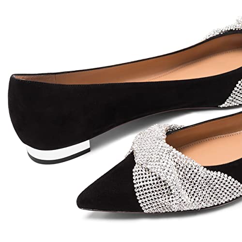FSJ Women Classic Pointed Toe Rhinestone Sequins Bow Casual Slip on Faux Suede Comfort Low Thick Heel Walking Ballet Flat Shoes Size 4-15 US3