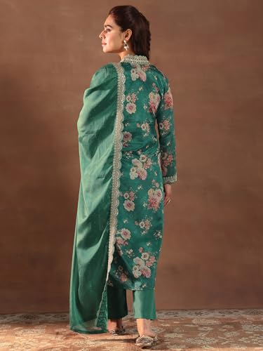 Image of Libas Womens Printed Silk Blend Straight Kurta With Palazzos and Dupatta | daily wear suit