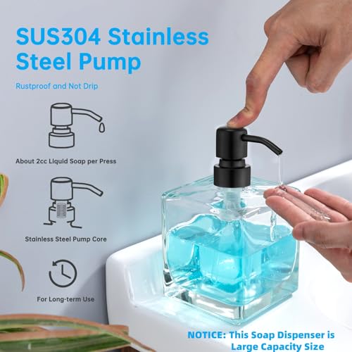 Image of Square Bathroom Soap Dispenser Black, 16 oz Glass Bottles with Stainless Steel Pump Retangle Cube Liquid Large Capacity Soap Dispenser Kitchen