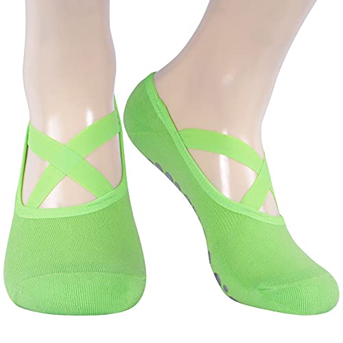 Women Yoga Socks with Grips, Ristake Non-slip Yoga Socks with Grips for Women for Pilates Barre Dance Yoga Green Cross Striped Style Yoga Socks 1 Pair