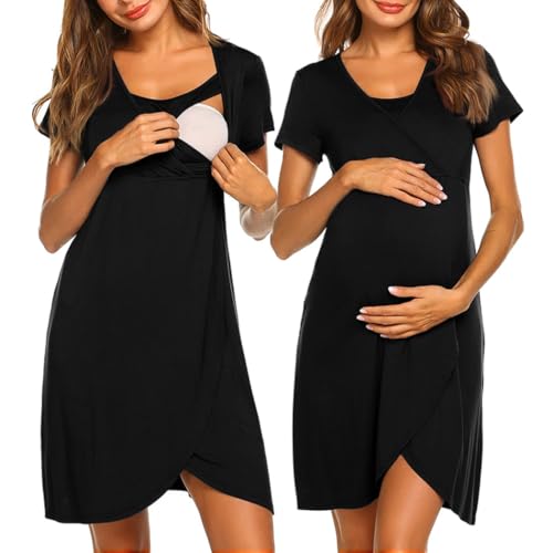 Image of Ekouaer Nursing Nightgown 3 In 1 Maternity Nightgown Short Sleeve Nursing Gown Breasfeeding Sleepwear Delivery Dress