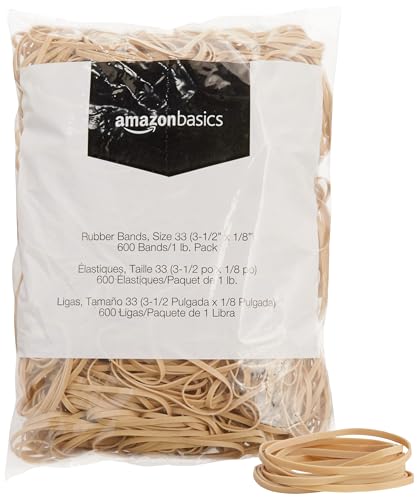 Image of Amazon Basics Rubber Bands, Office Supplies, Size 33 (3-1 /2 x 1 /8 Inch), 600 Bands /1 lb Pack, 25-Pack, Tan