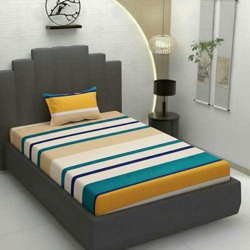 Image of Filymore Flat Single Bed Sheet Orange and Green Bedcover with 1 Pillow Cover - 240 TC Soft Microfiber Single bedsheet for Single Size Bed, Bedspread is of Orange and Green Color (90x60 Inches)