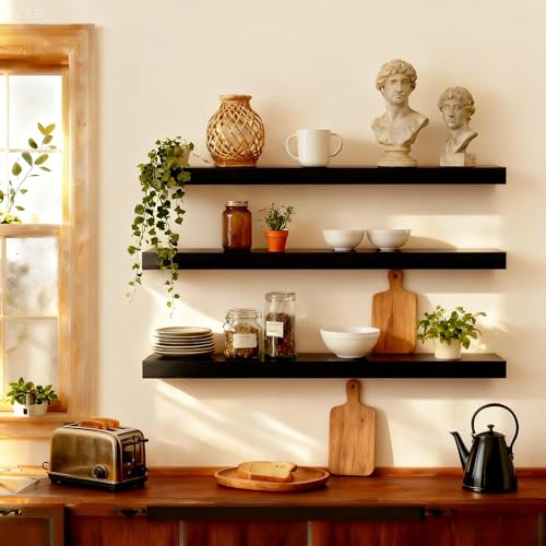 Image of ROGMARS Black Wooden Floating Shelves for Wall 36 Inches Long