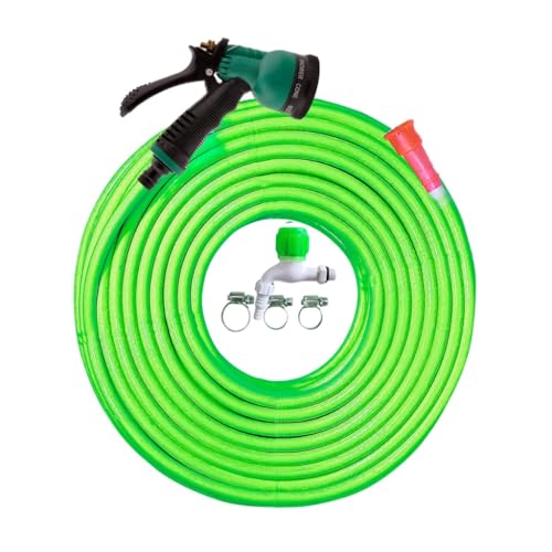 Image of Cinagro 50 Meters Braided Hose Pipe with Nozzle Sprayer, Tap Adapter and 3 Clamps for Watering Home Garden, Car Washing, Floor Cleaning & Pet Bathing (1 /2 Inch, Light Green)