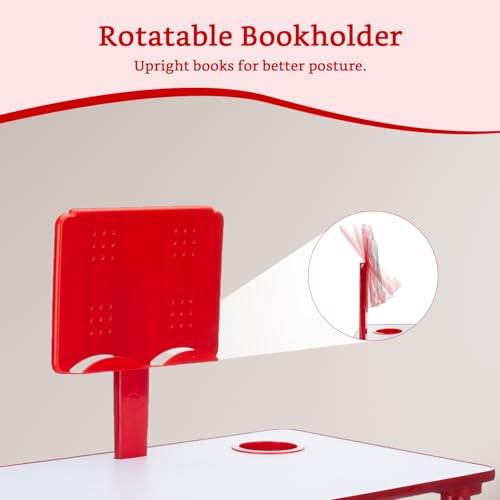 Image of Amazon Brand - Solimo Kids Study Table and Chair Set with Built-in Reading Stand & Cup Holder | Wooden Legs | Red