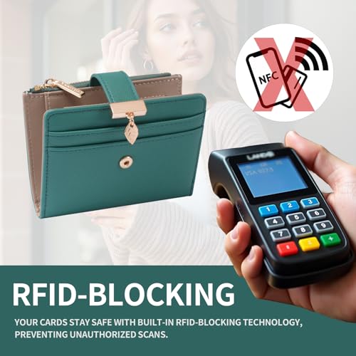 Image of Pomelo Best Wallet Women Bifold Leather Wallets for Women Credit Card Holder with ID Window Zipper Coin Pocket Teal Blue