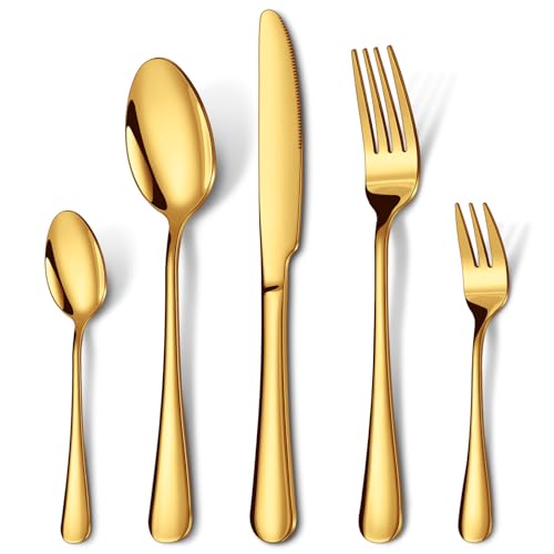 HONKKU Besteck Set 12 Personen, 60 Teilig Gold Besteckset mit Messer Gabel Löffel, Essbesteck Set Edelstahl Spiegelpoliert, Spülmaschinenfest