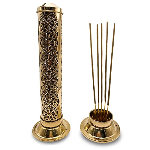Quemador de Incienso (incensario) diseño cenefas en Latón Dorado - 27 cm de Alto, Base 8 cm y Tapa 5 cm - Peso 155 g. Soporte Incienso Puede Contener hasta 5 barritas de Incienso.