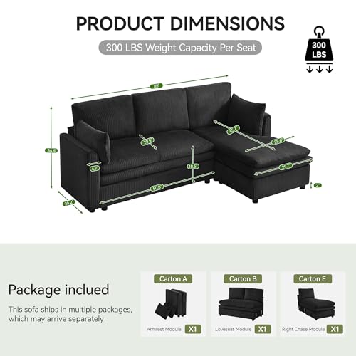 Image of 85 inch Sectional Couches with Right Chaise, Comfy Deep Dual-Layer Cushion Couch, 4 Seater L Shaped Couch, Modern Modular Sofa, Corduroy Sofas for Living Room, Apartment, Black
