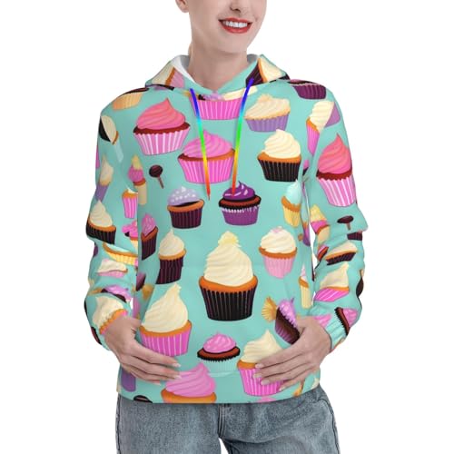 Sweat à capuche femme imprimé cupcake pull ajusté à poche kangourou EdWal