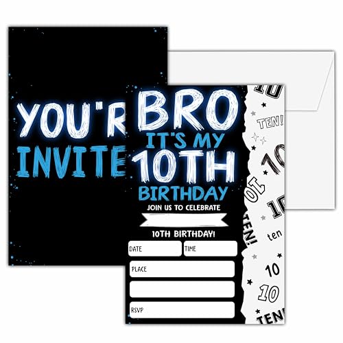 seclate 10th Birthday Invitations for Boys, 25 Double-Sided Invitation Cards with 25 Envelopes, Black and Blue Party Decoration Supplies - D09