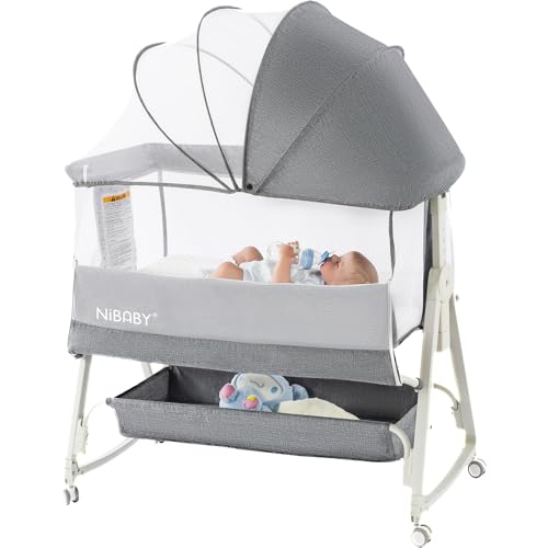 Image of NiBaby 3 in 1 Baby Bassinet Bedside Sleeper, 6 Height Adjustable Portable Baby Crib Bedside Bassinet with Wheels, Mosquito Net & Storage Basket for Safe Co-Sleeping, Fit for Newborn/Infants (Gray)