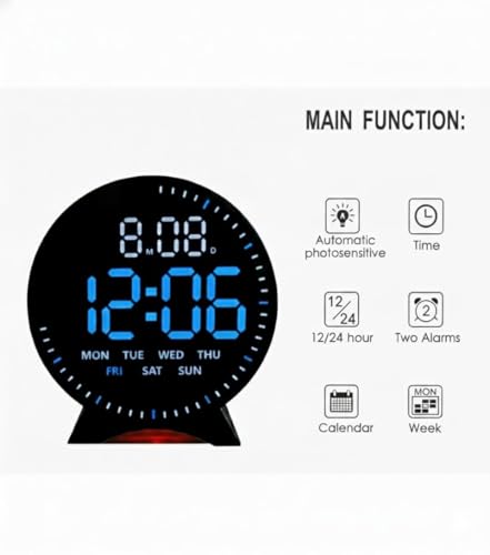Image of Digital LED Alarm Clock with Large Display, Temperature & Date Display, Snooze Function, 12 /24 Hour Format, Night Light Base, Desk & Bedside Clock for Home Office (Moon Alarm Clock Blue)