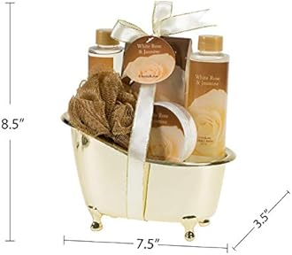 White Rose Jasmine Spa Set For Women in Elegant Gold Tub Includes Shower Gel, Bubble Bath, Body Lotion, Jasmine Bath Salt, Pouf, Award Winning Bath Body Set Valentines Gift