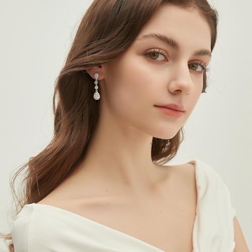 EAMTI Silver Dangle Teardrop Earrings for Women Cubic Zirconia Pear Cut Sterling Silver Post Engagement Wedding Birdal Drop Earrings for Brides4