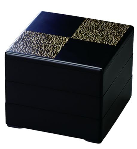 J-kitchens 重箱 3段 6.5寸 彩 お重箱 艶消黒 地紋金市松 19.5cm x 19.5cm x 16.5cm 日本製