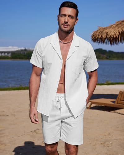 YAOHUOLE Herren 2 Stück Baumwolle Leinen Set Leinen Hemd Und Hose Herren Kurz Weiß 3XL