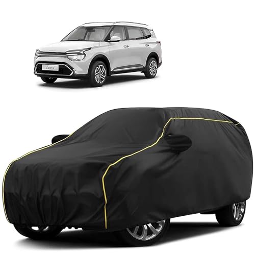 Image of Sulfar 100% Water Resistant Car Body Cover Compatible with Mirror for Kia Carens (Triple Stitched, Full Bottom Elastic, Black Tafetta with Yellow Piping)