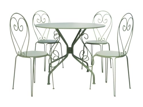 Vente-unique - Salle à Manger de Jardin en métal façon Fer forgé : Une Table D.120cm et 4 chaises empilables - Vert Amande - GUERMANTES de MYLIA
