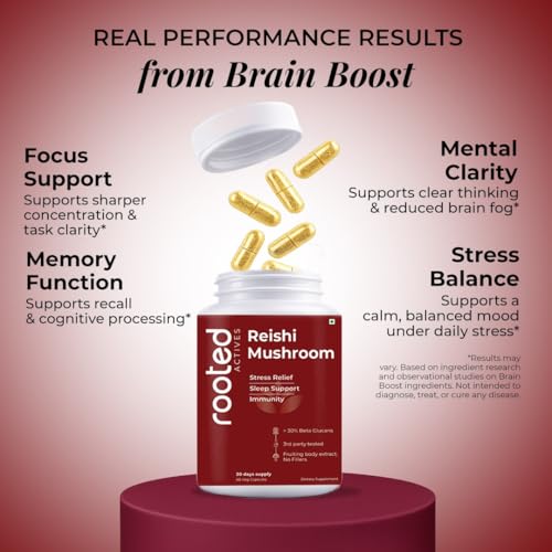 Image of Rooted Active's Reishi Mushroom Capsules - Heart & Immune Health Support Supplement with Organic Ganoderma Lucidum | Support Energy, Mood, Sleep & Overall Well-Being - 60 Vegetarian Capsules
