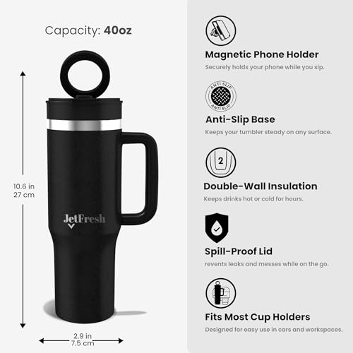 JetFresh 40 oz Tumbler with Handle and Straw Magnetic Phone Holder Tripod Lid Perfect for Car Phone Holder - Insulated Stainless Steel Leak Proof Spill Proof Water Tumbler for Men and Women Cup
