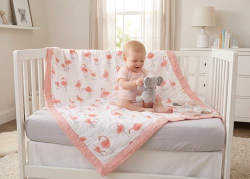 Image of Little Jump Flamingo Baby Blanket - Silky Soft and Breathable Muslin Blankets Baby Girl Quilts- Large 47 inch x 47 inch - 2 Layers Toddler Bed Blanket (Flamingo)