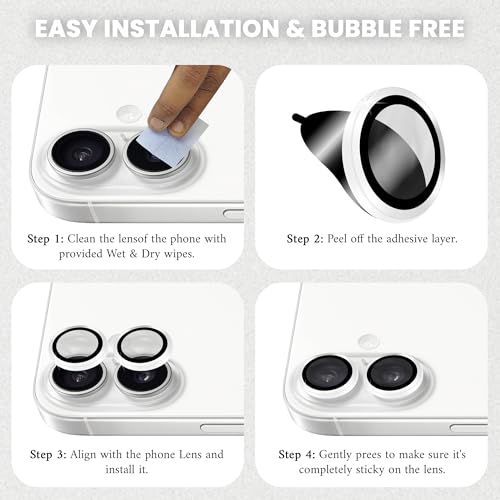 Image of ArmourPro Premium Camera Lens Protector Tempered Glass Compatible For iPhone 16 Plus and iPhone 16 Tough HD Individual Aluminum Alloy Rings 9H Camera Cover , Scratch-Resistant,Camera Lens Protection| White