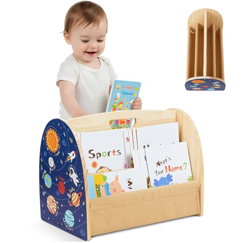 Image of Toddler Bookshelf Double-Sided with 4 Tier Deep Sleeves Kids Wooden Montessori Book Rack for Baby Nursery Room, Playroom, Classroom or Bedroom Bookcase Storage Organizer, Blue Astronaut