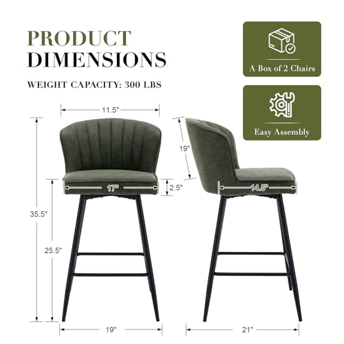 Image of EALSON 26 Inch Leather Bar Stools Set of 2 Modern Counter Height Barstools with Backs and Metal Legs Upholstered Breakfast Bar Chairs for Kitchen Island,Cafe, Restaurant, Green