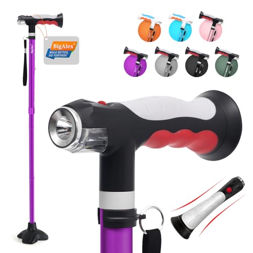 BigAlex Folding Walking Cane with Two Led Lights for Elderly Solid Base Adjustable Walking Stick with Carrying Bag for Men Women