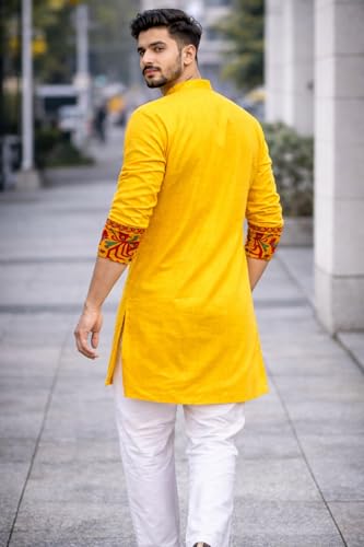 Image of Men's Cotton Jamdani Kurta for Festive, Casual Wear | Traditional Bengali Style Long Kurta | S to XL Size | White, Yellow, Blue Color Options
