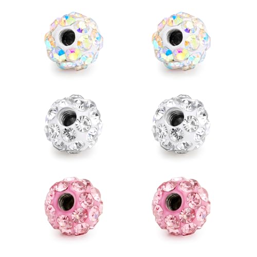 Rajnard Piercing Kugel 1 6/1 2/1 0/0 8mm Gewinde Chirurgenstahl 2 5/3/3 5/4/5/6/8mm Ersatzkugel Glitzer Piercing Ohr Septum Zange Nasenring Bauchnabelpiercing Kugel Silber Weiß Rosa Lila Blau