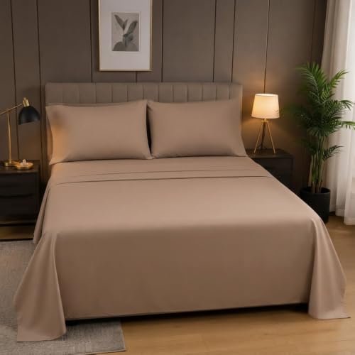 Image of Egyptian Cotton Feel Double Size Flat Bedsheet with 2 Pillow Covers | 1000 TC Soft & Breathable | Taupe Solid Pattern for Bedrooms and Hotels Use (Size: 60 x 100 Inch)