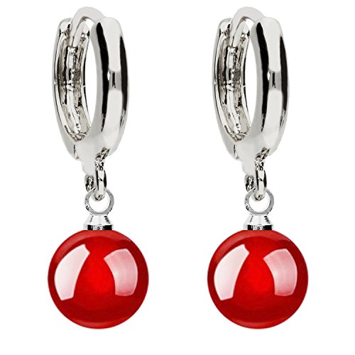 MYA art Pendientes de perlas para mujer, pendientes de aro de plata 925 con perlas de 8 mm, color rojo oscuro